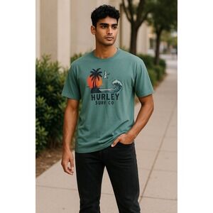 Hurley Surf Co. Graphic T-Shirt Palm Tree Seagull Wave Green Mens Size M